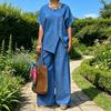 Tenues d'été rayées à manches courtes pour femmes, ensemble 2 pièces, haut à col rond et pantalon long assorti, ensembles de détente avec poches