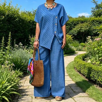 Women's Striped Short Sleeve 2 Piece Outfits Summer Crew Neck Top And Long Pants Matching Lounge Sets with Pockets