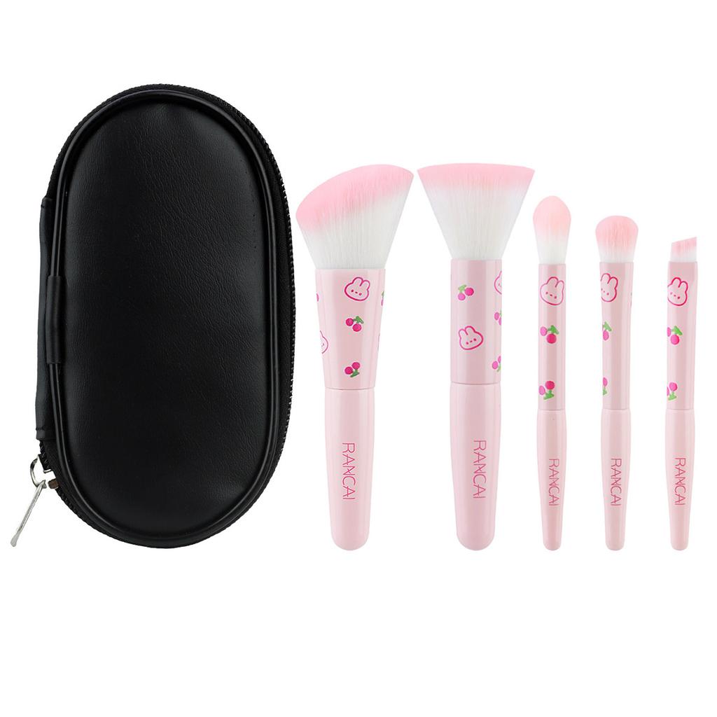 5Pcs Cute Compact Makeup Brush Set With Case Premium Brush for Flawless Foundation, Blush, Eyeshadow Application Beauty Tools