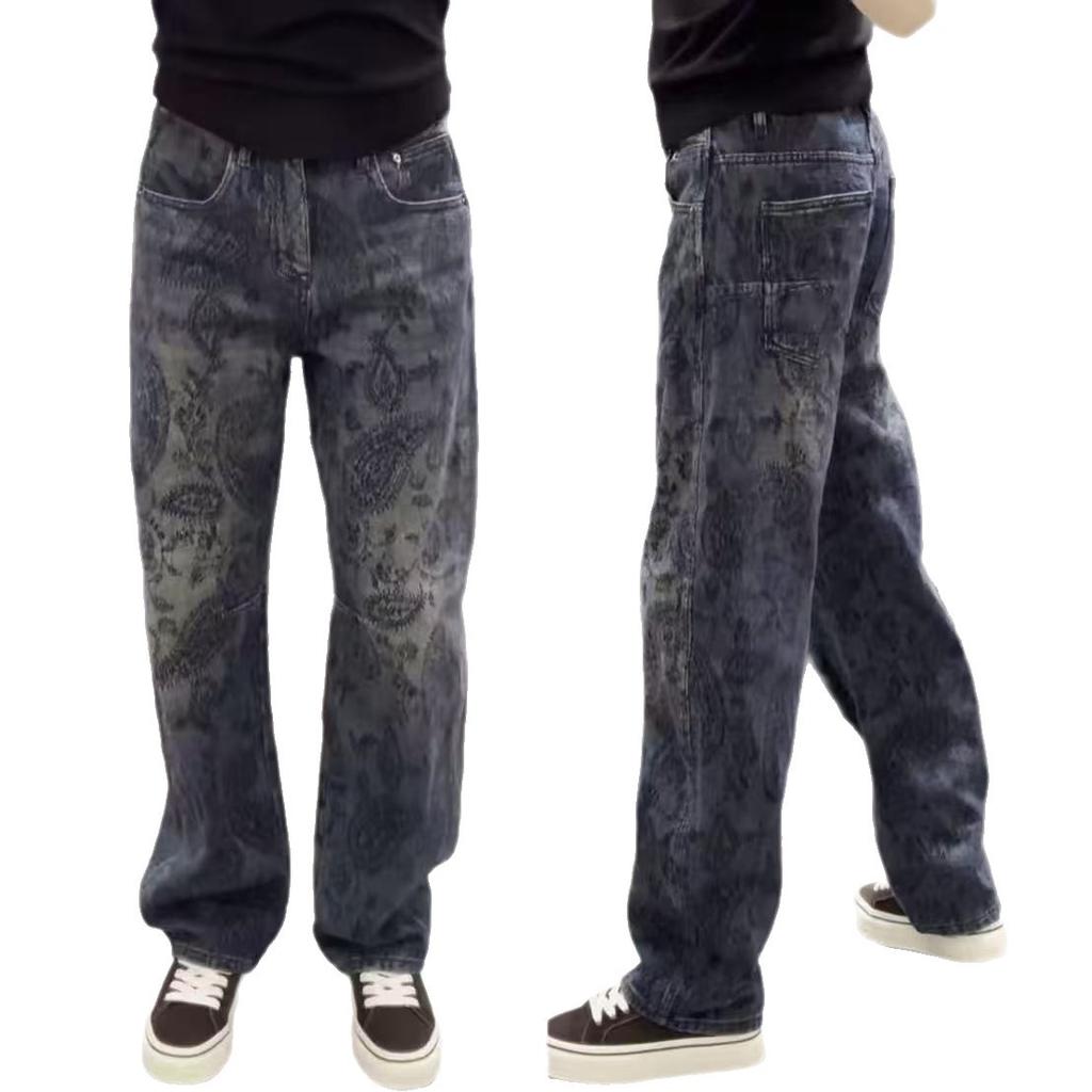 Trendy washed pattern wide-leg jeans spring new men's retro heavy industry jacquard casual jeans