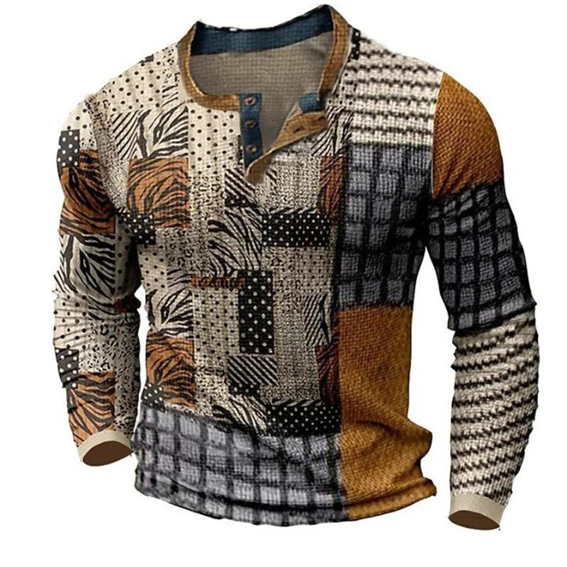 Unregelmäßiges Herren-T-Shirt mit 3 Knöpfen und Digitaldruckmuster, bequeme Polyesterfaser für Frühjahrs- und Herbstbekleidung, tägliche Outdoor-Bekleidung