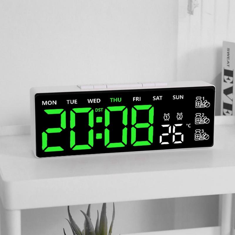 Digital Alarm Clock TEMP Date Week 3 Medication Reminders 2 Alarm 3 Levels Brightness USB Output Charging Port 12/24H LED Clock