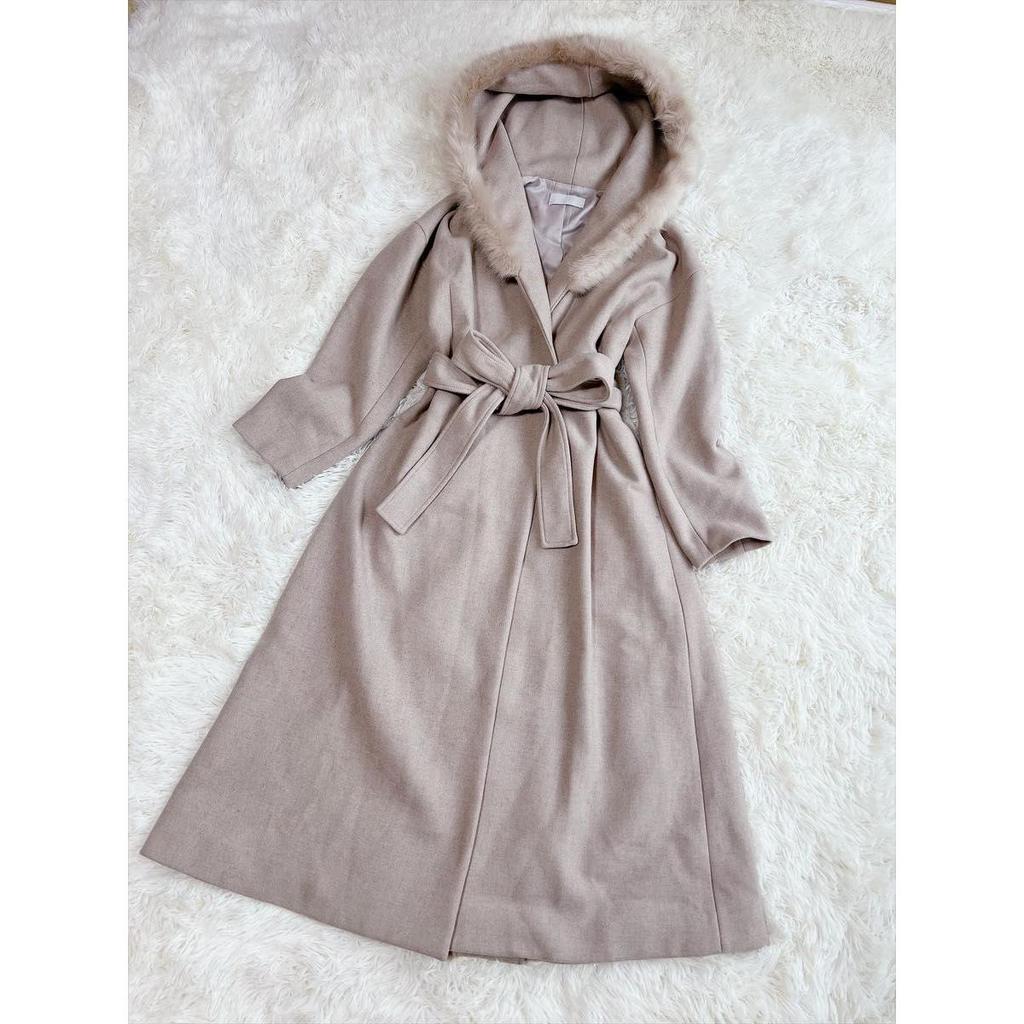 Used CELFORD Long Coat Hood Belted Fur Belt Ribbon Selford Coat