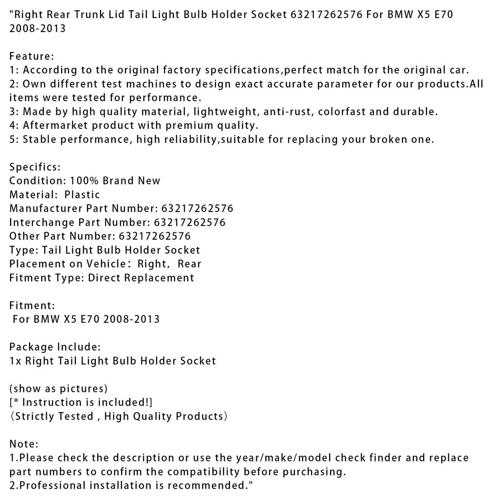 Pravý zadní držák žárovky zadního světla víka kufru 63217262576 Pro BMW X5 E70 2008-2013