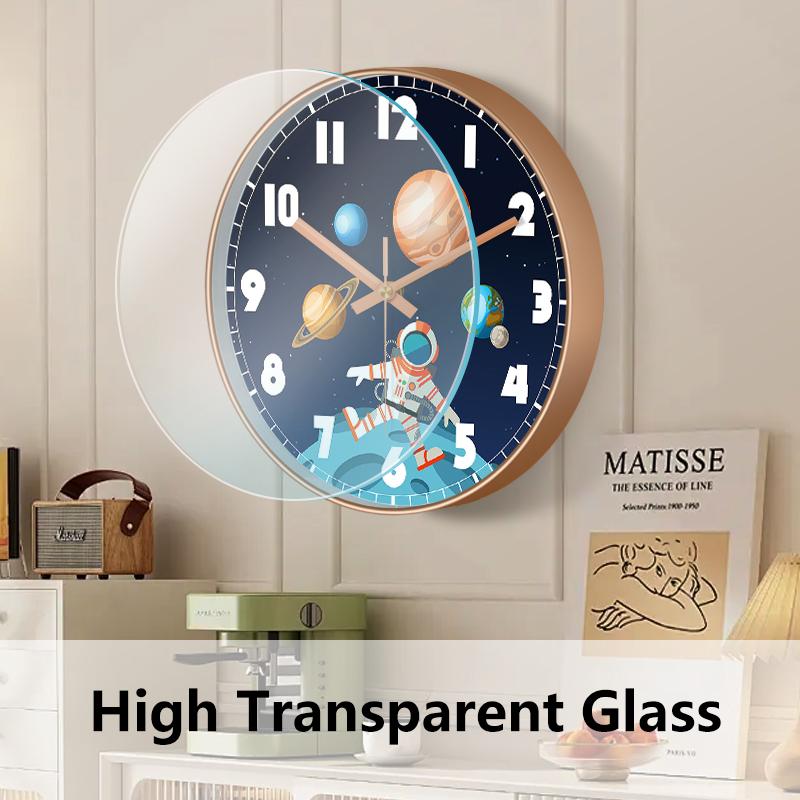 Silent Non-Ticking Wall Clock Astronaut Planets Design Rose Golden/Black Frame Clock for Boys Bedroom Nursery Classroom Decor