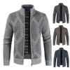 Stand Collar Long Sleeves Fleece Lining Sweater Coat Men Autumn Winter Geometric Pattern Zipper Placket Knitted Outerwear