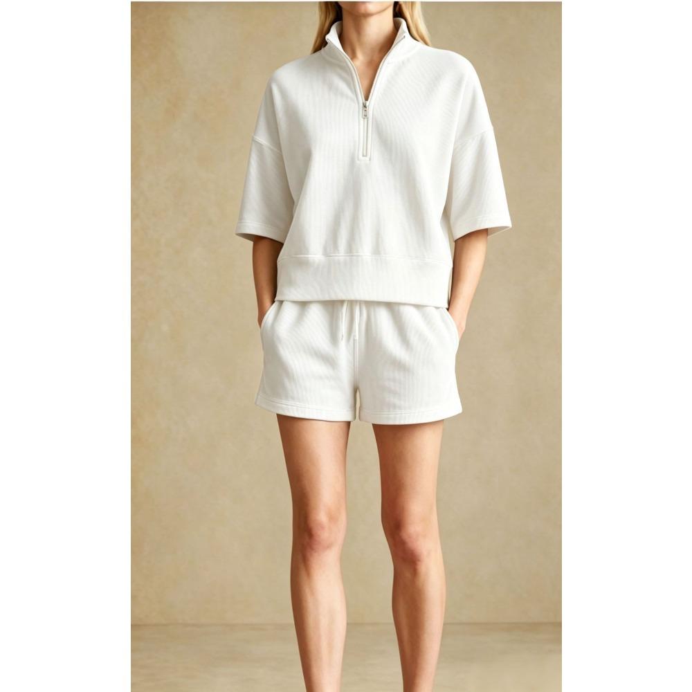 Women's Loose Tracksuit Half Zip Short Sleeve Sweatshirt Drawstring Waist Shorts