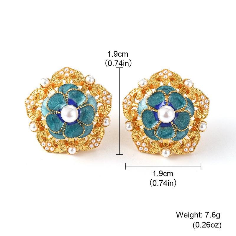 

New Guochao enamel inlaid flower stud earrings, retro court style Hanfu ear jewelry, daily niche earrings accessories