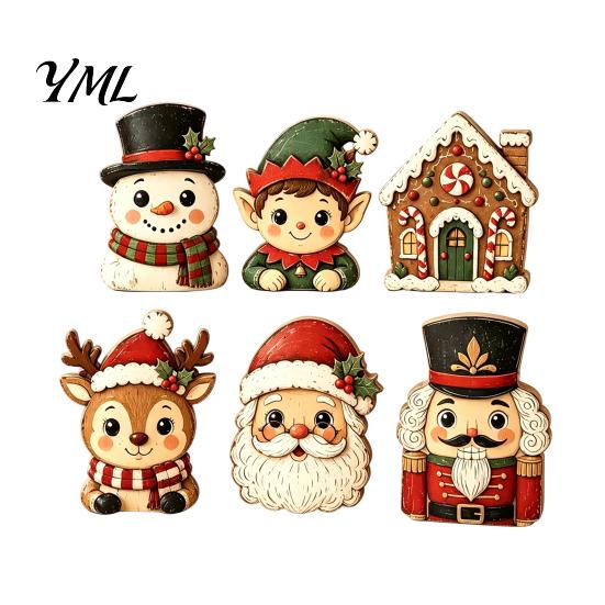 Wooden Holiday Ornaments 6Pcs Christmas Tabletop Signs, Xmas Sign Decor, Santa Reusable Figurines Snowman Reindeer Gingerbread House for Mantel Table