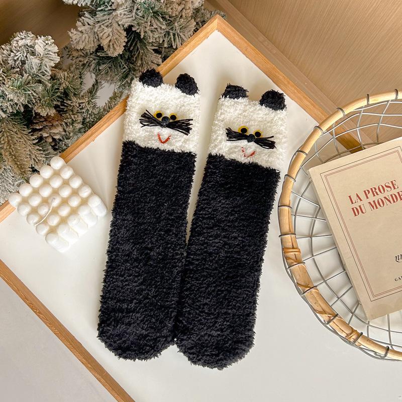 

Autumn And Winter Coral Fleece Women S Socks Thickened Floor Socks Women S Sleep Socks Medium Tube Home Floor Socks Cartoon Cat One size чорний