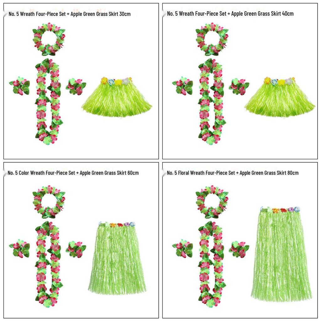 Kaifeng Summer Hawaiian Grass Skirt and Flower Garland Dance Party Set - 5 Pieces (30CM, 40CM, 60CM, 80CM)