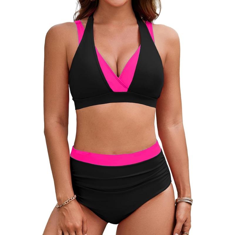 Women's New Color Collocation Hanging Neck High Waist Sexy Bikini Two Piece Swimsuit