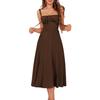 Women Sleeveless Dress Spaghetti Strap Square Neck Midi Dress Lace-Up Swing Long Dress Flowy A-Line