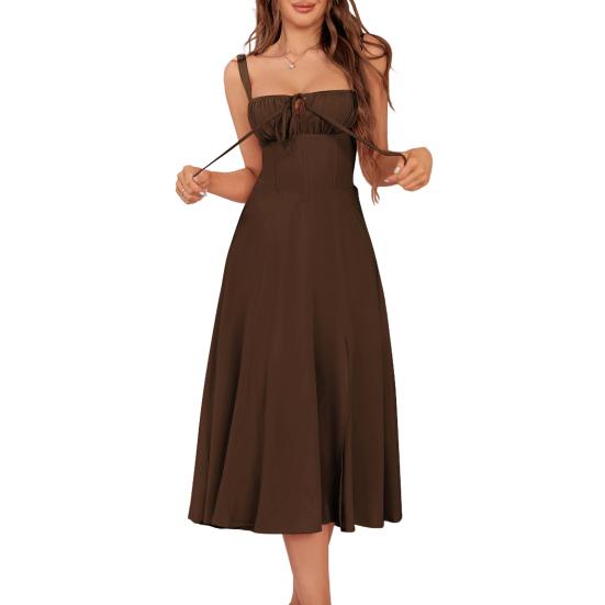 Women Sleeveless Dress Spaghetti Strap Square Neck Midi Dress Lace-Up Swing Long Dress Flowy A-Line