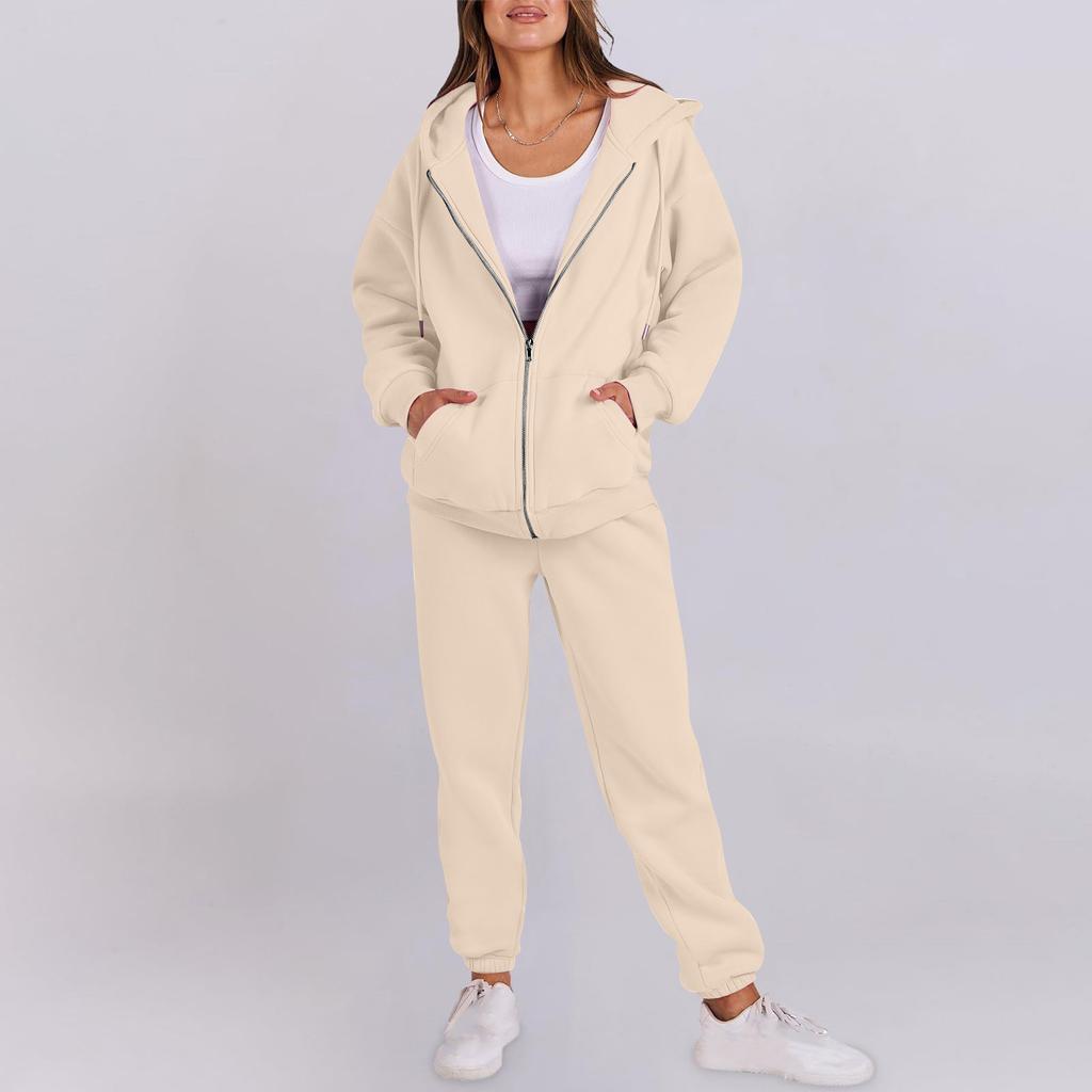 Women's Fashion Hooded Long Sleeve Color Zipper Elastic Waist Loose Sweatshirt Set