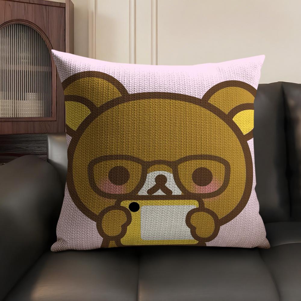 Cute Cartoon Anime R-Rilakkuma Cushion Cover Natural Linen Organic Fabric Double-Sided Printing Sofa Home Decor Gift Pillow Case