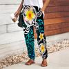 Women Flower Printing Pants Lace Up Elastic Waist Loose  Trousers Casual Long Pants Trousers with Pockets