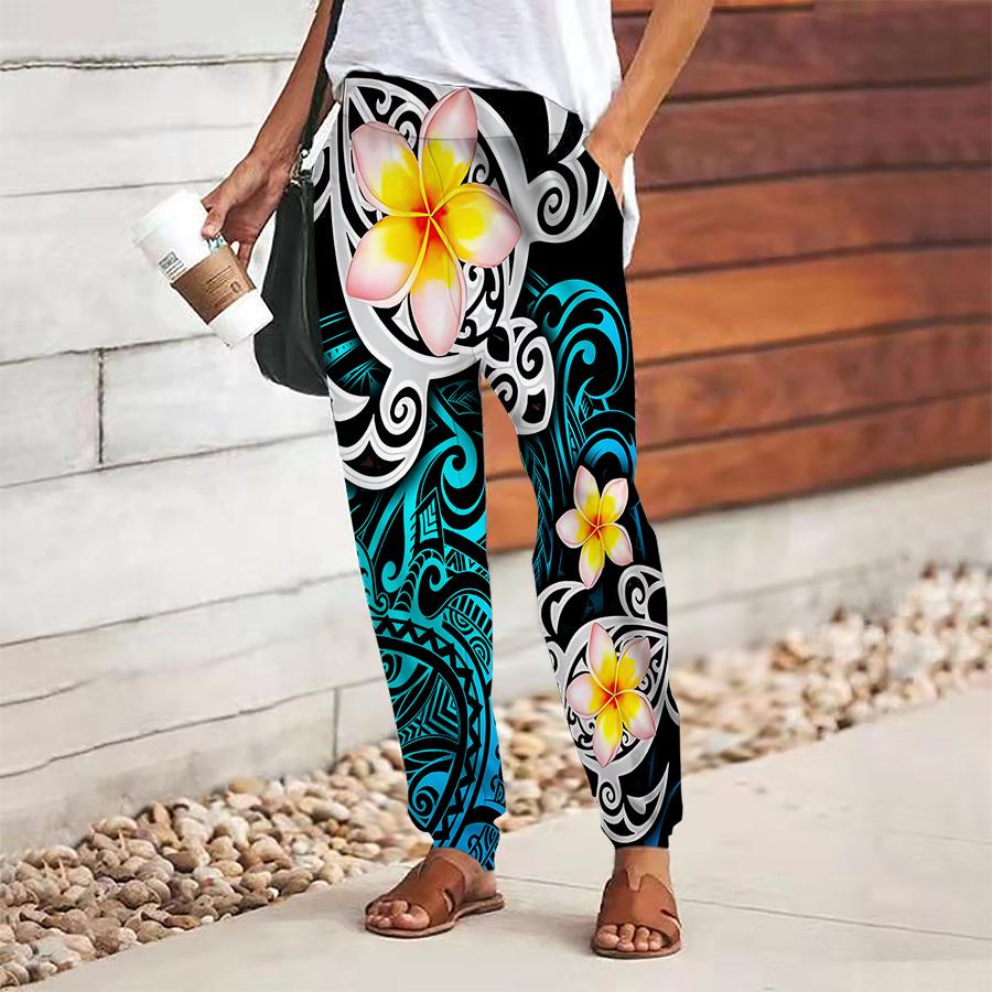 Women Flower Printing Pants Lace Up Elastic Waist Loose  Trousers Casual Long Pants Trousers with Pockets