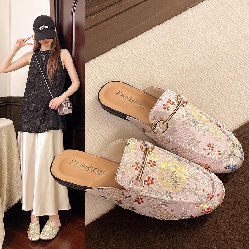 Women's Mules Flat Sole Round Toe Metal Decoration Cover Toe Women Shoes Dress Daily Commute Retro Mature Zapatillas De Mujer