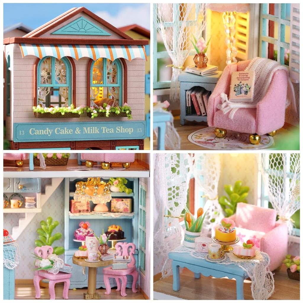 CUTEROOM Miniature Dollhouse Wooden Kit for Kids DIY Toy Candy Cake & Milk Tea Shop Perfect Gift (D013)