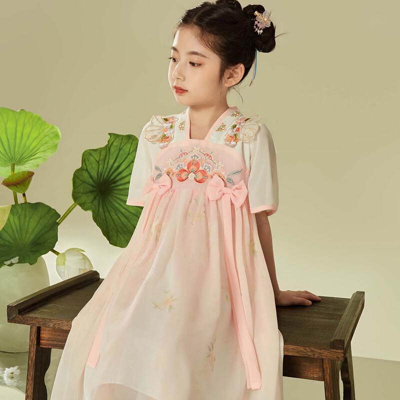 Girls' Princess Style Hanfu Short Sleeve Embroidered Dress