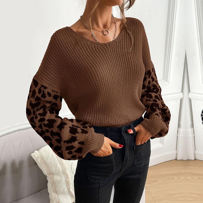 Womens Lightweight Round Neck Knit Sweater Leopard Print Loose Fit Long Sleeve Casual Top