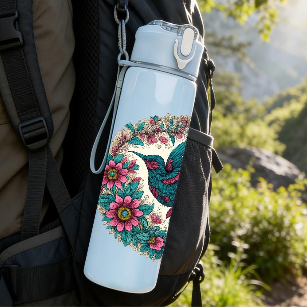 1PC Folk Bird Floral Circle 750ml Color Plastic Sports Water Bottle Leakproof Flip Straw Lid Suitable for Sports Office Home Use