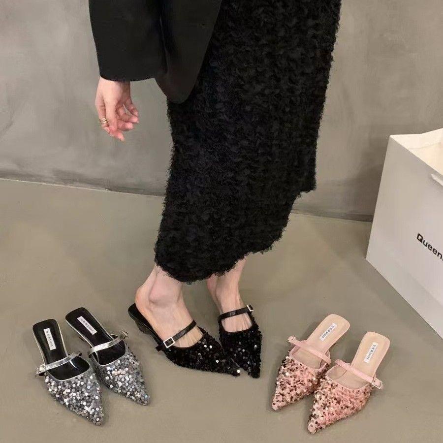 Fashion Sequins Black Slides with Heel Shoes Pointed Toe Women's Mules Slippers and Ladies Sandals Unique Korea Style Easy Wears Shoe 39