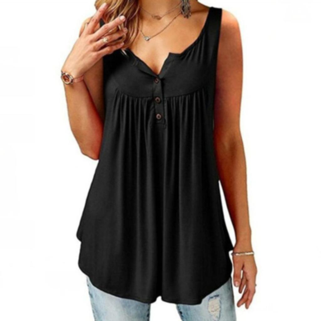 Tunica da donna con scollo a V senza maniche, con bottoni, plissettata, tinta unita, casual