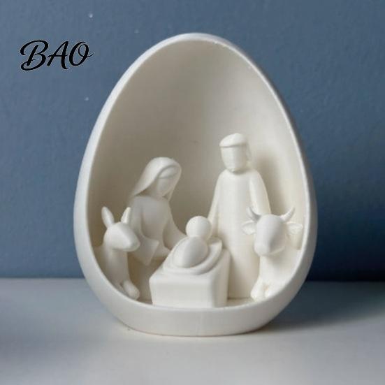 Minimalistická vánoční dekorace Mini betlémová figurka, Vánoce se Svatou rodinou ve vejci, Malé sváteční pokojové doplňky 3D tištěná stolní ozdoba pro