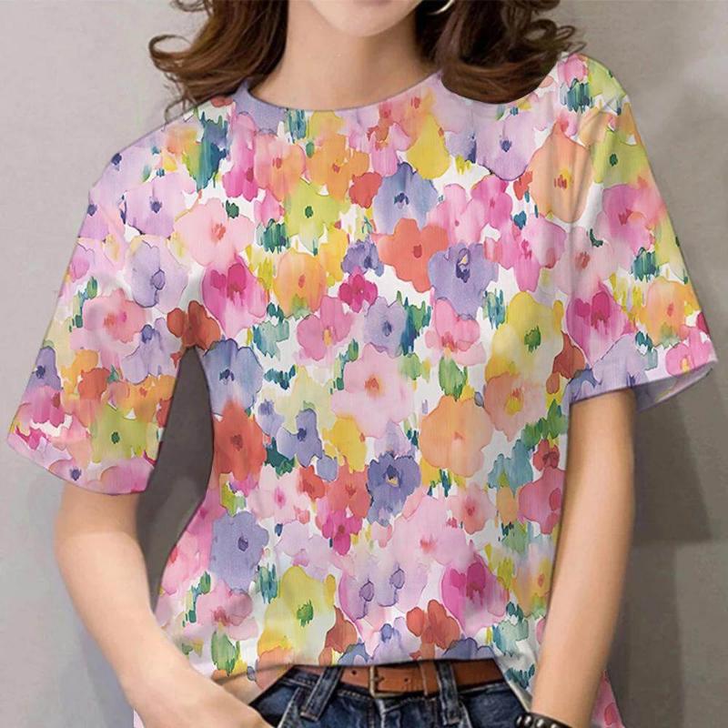 Moda Donna Girocollo Manica Corta Stampa Floreale 3D T-shirt a Manica Corta Girocollo con Fiori Colorati