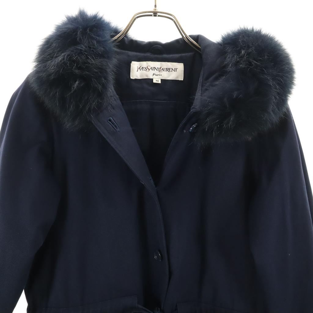 YVES SAINT LAURENT 90s Old Stainless collar coat M Navy with fox fur Women Used
