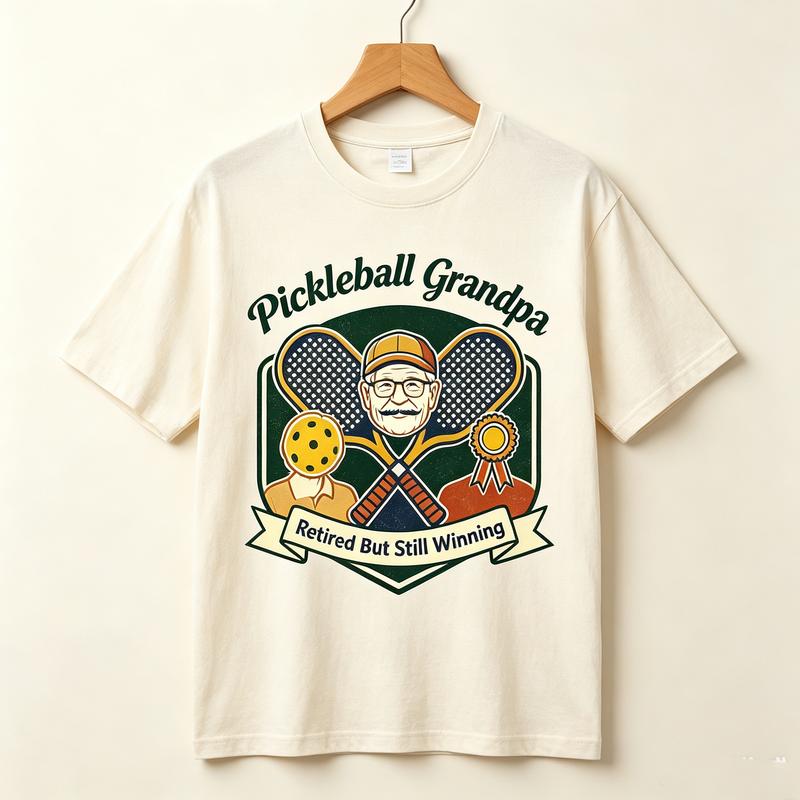 Pickleball Grandpa Retired But Still Winning Vintage Shield Crest Graphic T Shirt Unisex Casual Cotton Short Sleeve Tops Funny