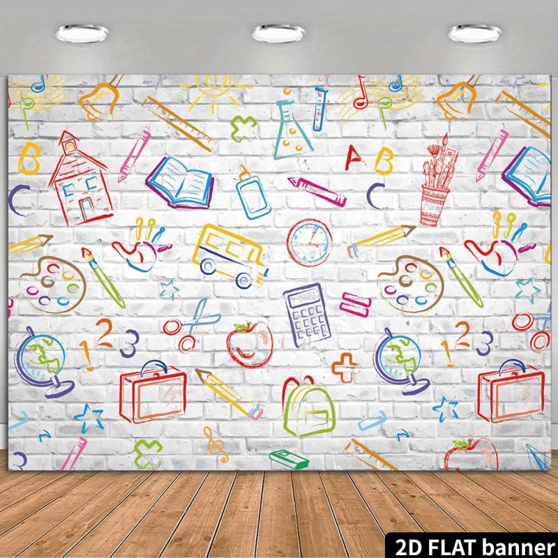 2D plane returning to school background hand-drawn pencil book white brick wall photography background first day