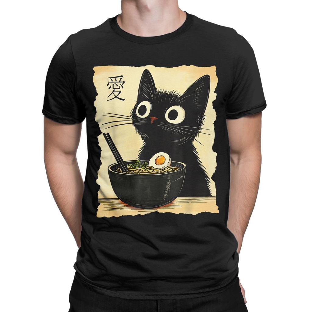 Men's Japanese Black Cat Ramen T Shirts Kawaii Noodle Cat Cotton Clothing Creative Short Sleeve Crew Neck Tees Summer T-Shirt