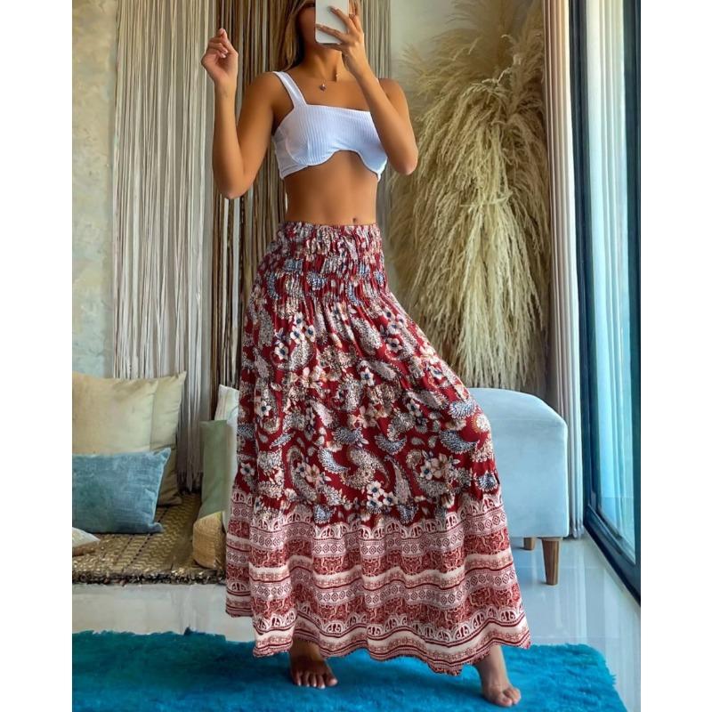 summer high waist elastic waist loose printed long skirt skirt women