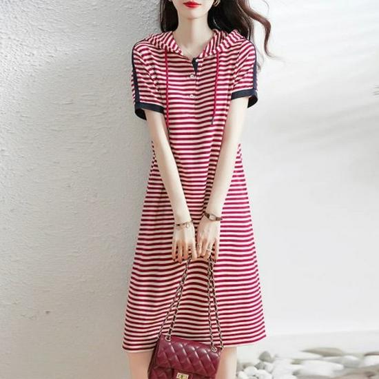 Women's Summer 2023 Elegant Striped Hooded Mid-Length Dress
