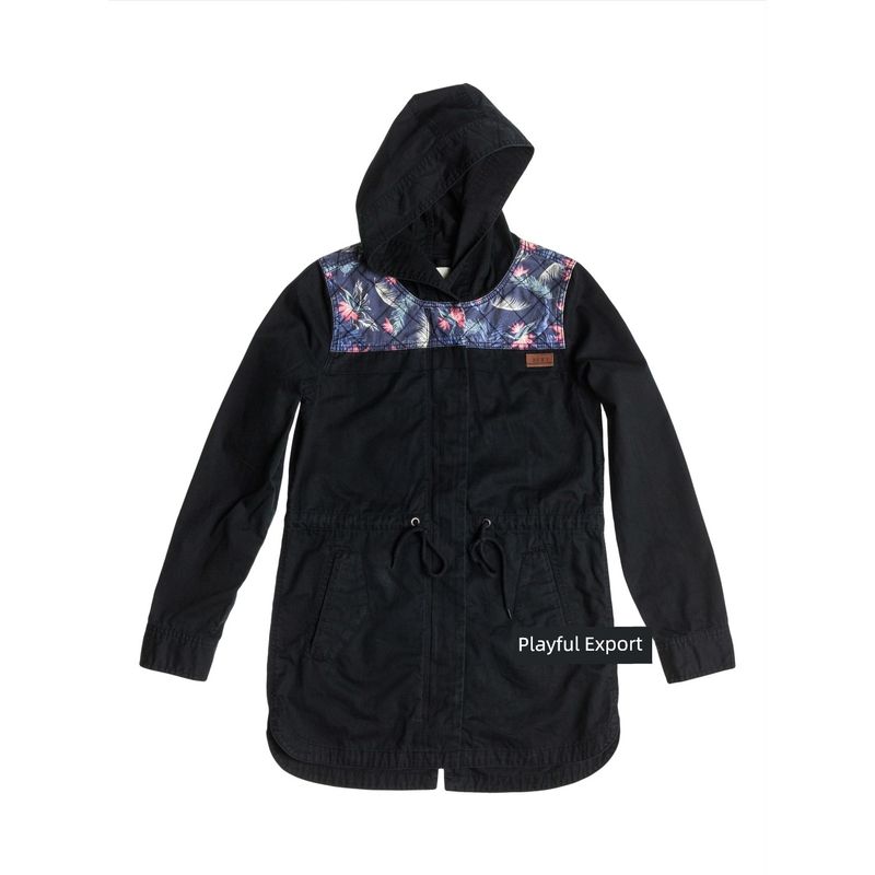 

Roxy Австралийский Серфинг Чистый Хлопок Потертая Стежка Пэчворк Принт Облегающий Талию Дизайн на Кулиске Карго Ветровка Худи Black(No refund) L