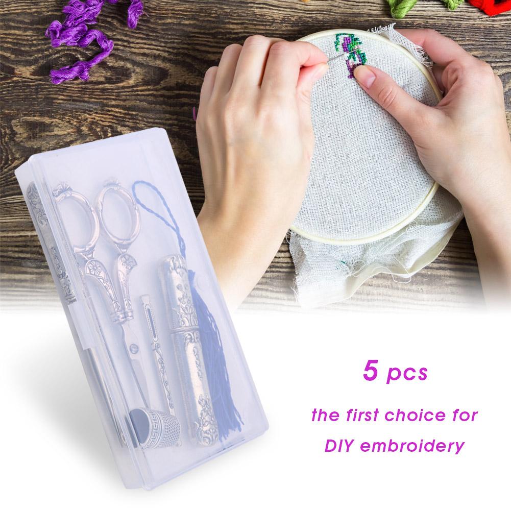5pcs Vintage Sewing Scissors Threader Kit with Thimble Antique Embroidery Tool Set