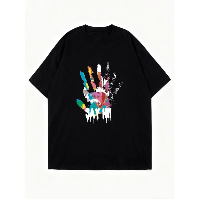 Nadměrné tričko černé s barevným otiskem ruky a grafickým potiskem Say Hi, ležérní oblečení pro ženy, streetwearová móda, letní top
