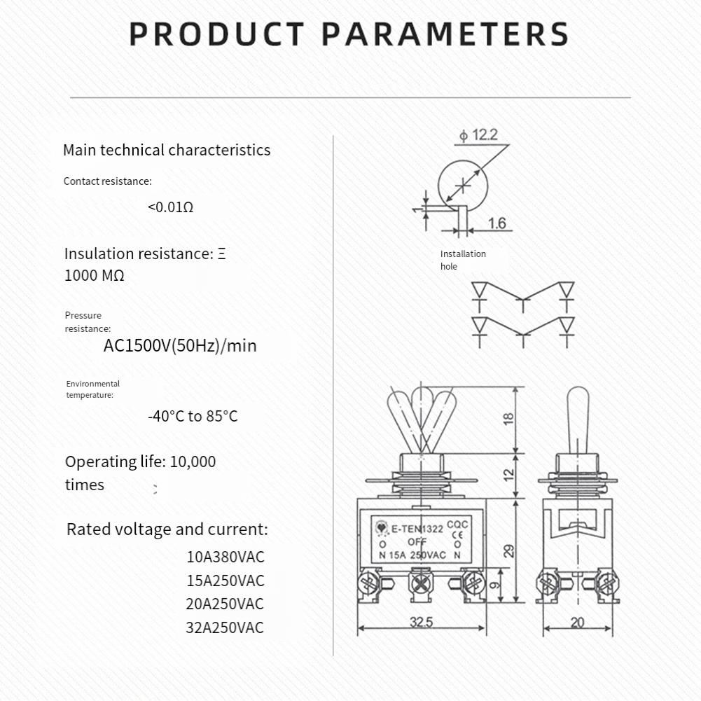 Power Control 12mm Hole Size 6 Pin Switch 3 Position Toggle Switch Appliance 3 Position Switch 250V Rated Voltage