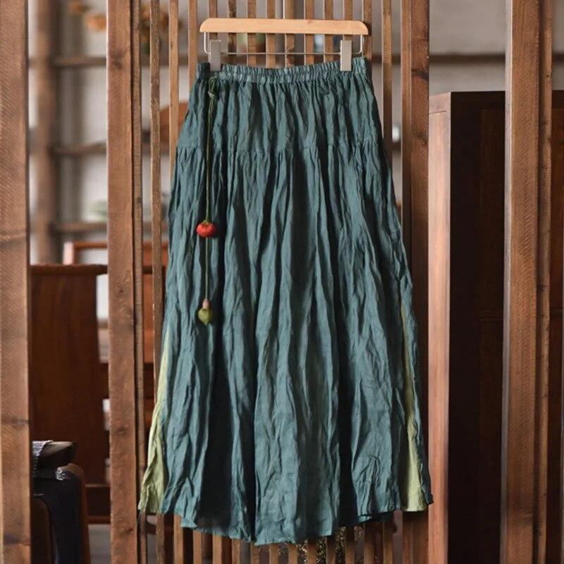 Johnature Women Vintage Skirts Elastic Waist Solid Color Clothes Spring Loose Patchwork Women Casual A-Line Skirts