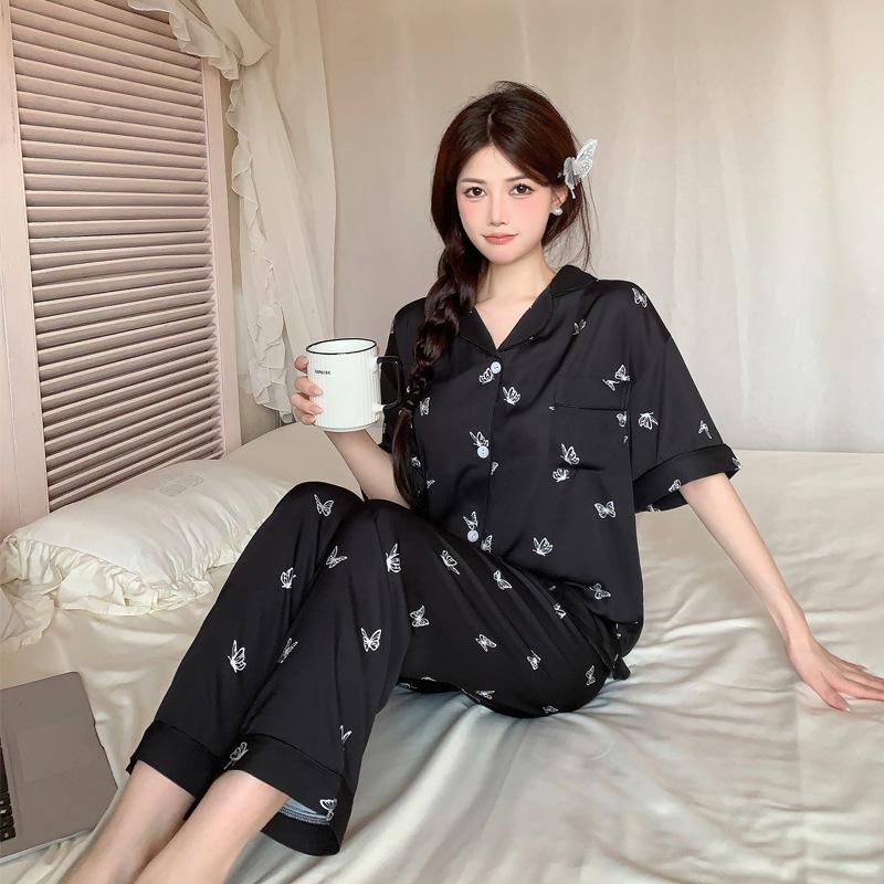 French Silver Butterfly Ice Silk Pajamas Women'S Thin Summer Short-Sleeved Trousers Cool Loungewear Real Shot