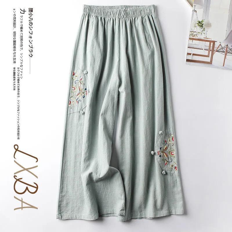 Retro Ethnic Embroidery Wide Leg Pants for Women Summer Fashion Casual Loose Thin Style Versatile Comfortable Women's Pant