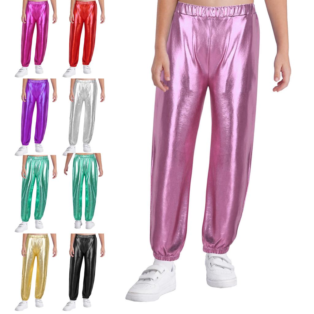 Girls Children Shiny Metallic Dance Harem Pants Athletic Leggings Hip Hop Trousers Street Dancewear