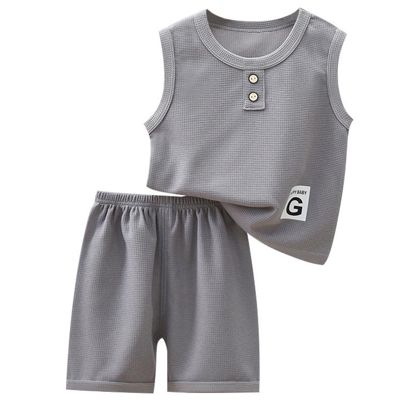 Trendy Waffle Two-Piece Summer Vest Set for Kids: Short-Sleeved Outfit