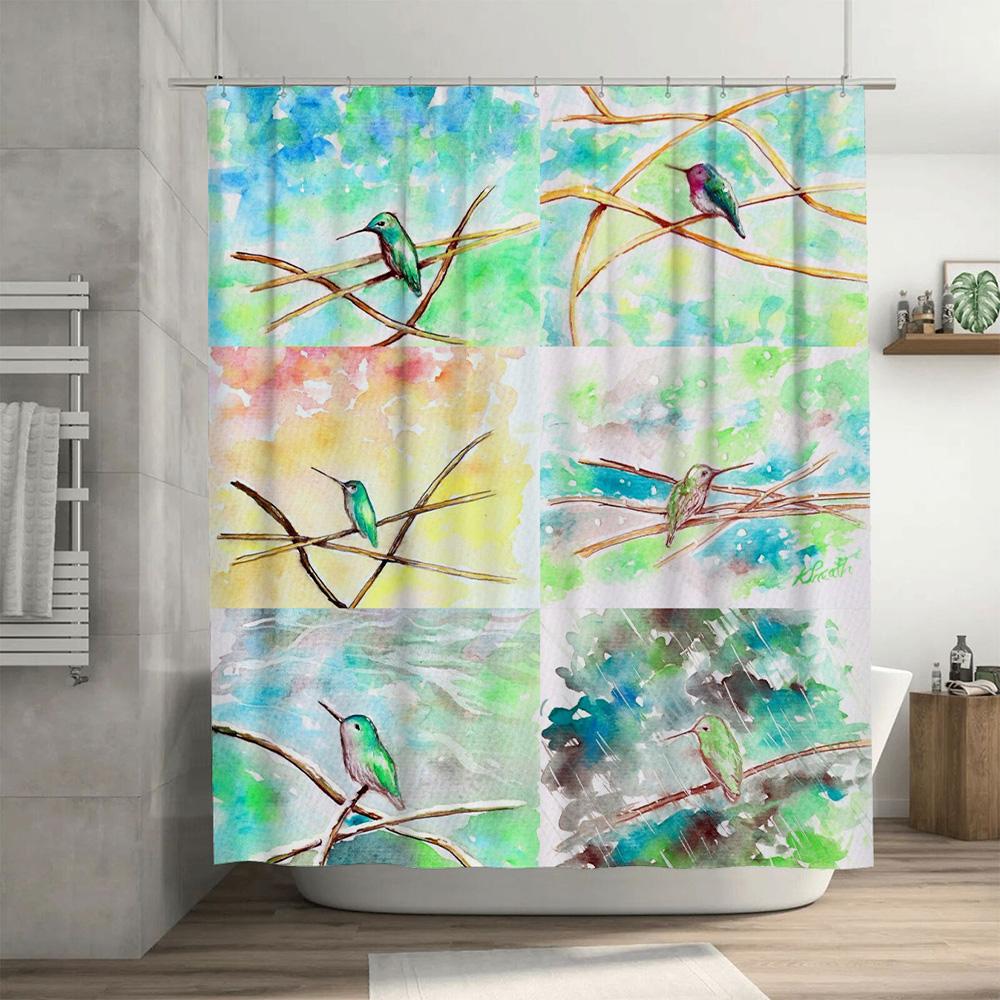 Watercolor Birds Shower Curtain Hummingbird Decor for Bathroom 3D Printed Fabric Waterproof Bath Mat Cover Available In Various