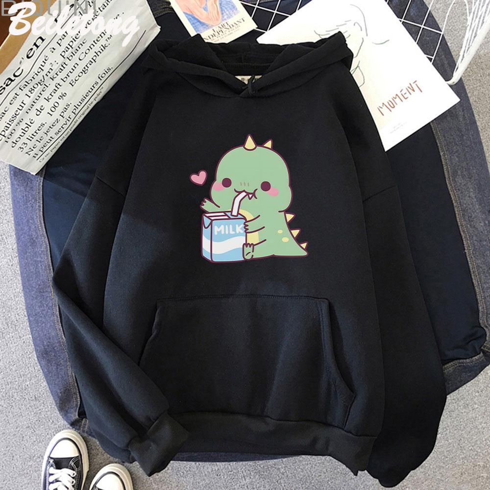 Dinosaur Oversized Tegneserie Dame Genser Hettegenser Søtt Trykk Kawaii Klær for Jente Pullover Casual Morsom Dame Harajuku Varm