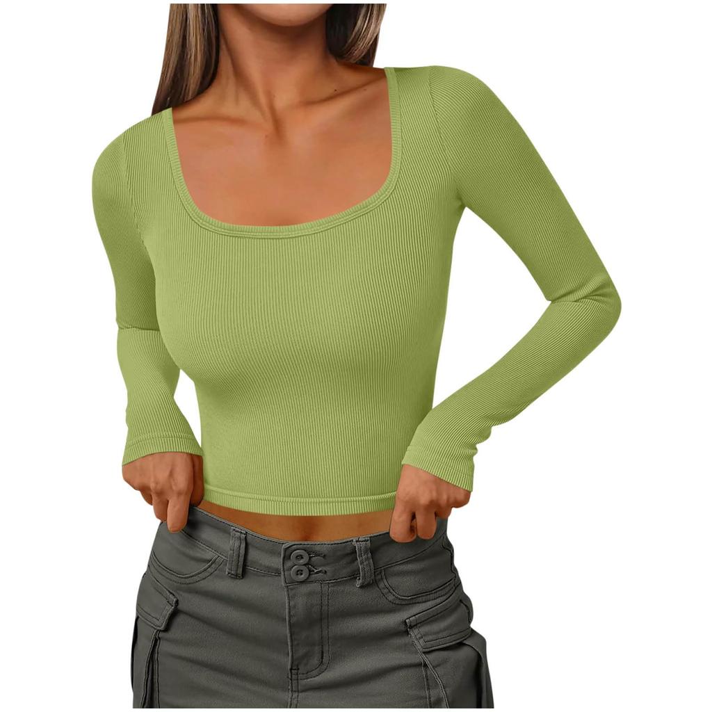 Women's Fashionable Color Thread Slim Fit U-neck Long Sleeved Shirt With Sexy Short Fitting Inside