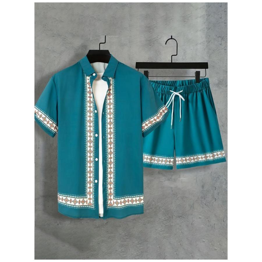 Casual Fashion Men's Short Sleeve Shirt Summer Short Sleeve Shirt and Beach Shorts Men's Set